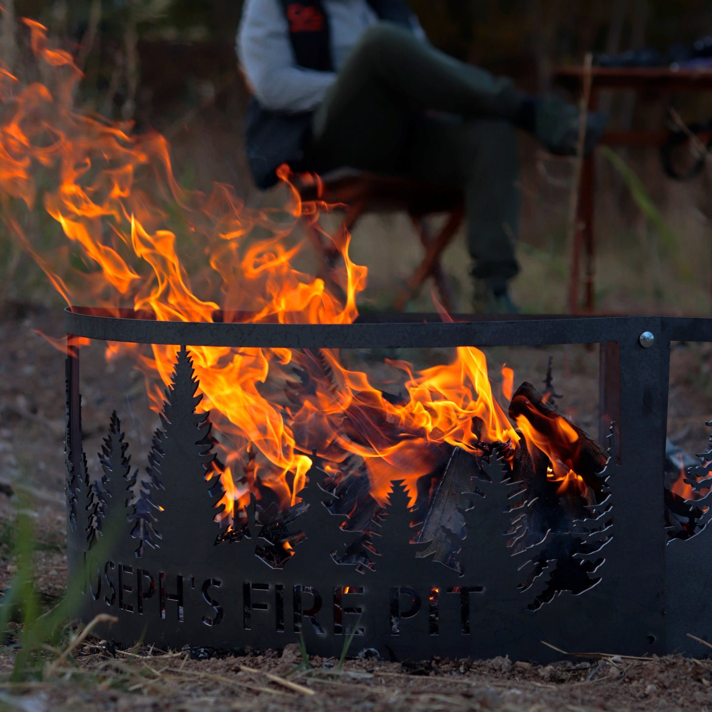 48" Custom Pine Tree Scene Steel Fire Pit, Personalized Fire Ring for Outdoor Wood Burning, Heavy-Duty Pit, Gift for Christmas, 48 Inches