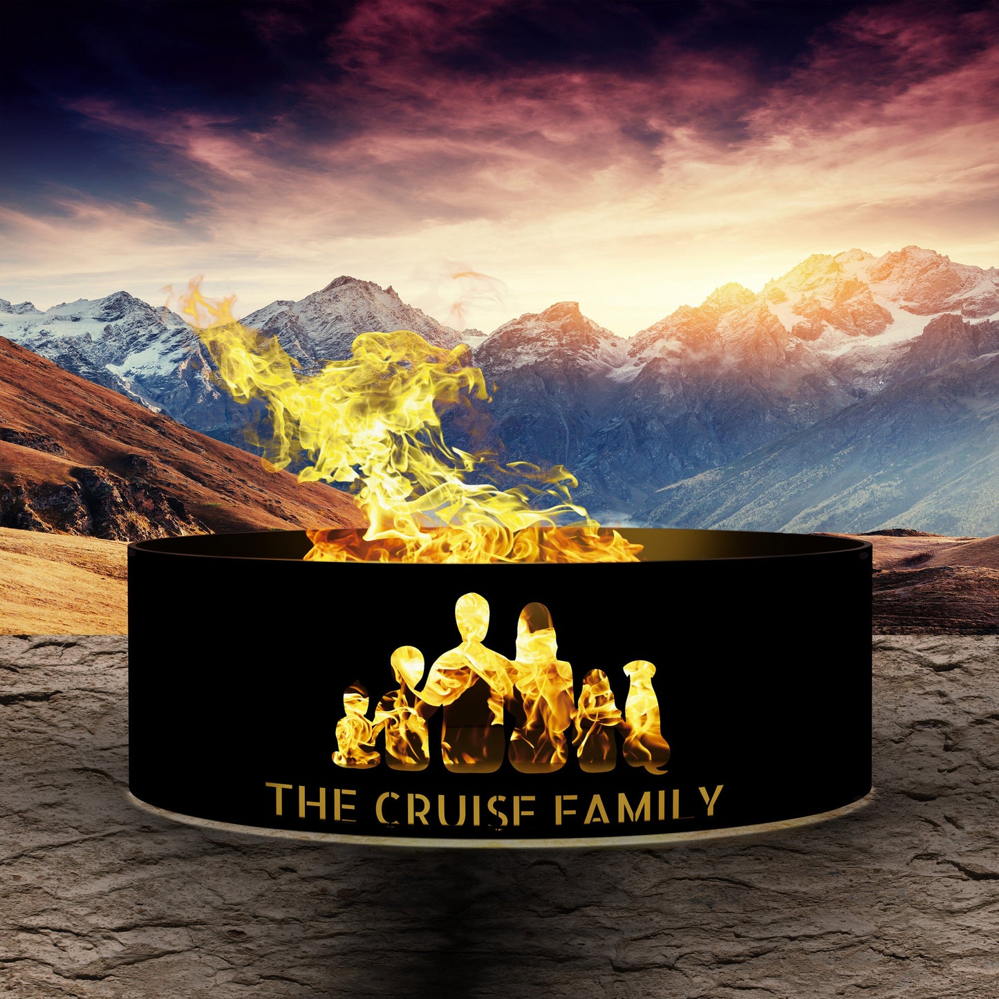 Family Gift Custom Fire Pit Ring, Gift for Parents, Unique Family Silhouette Mom, Dad, Kids, and Pets All Can Be Add on and off