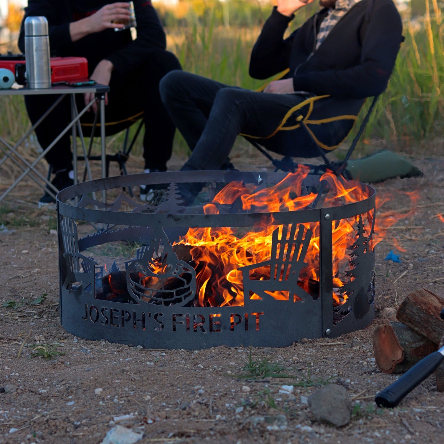 Camping Silhouette Fire Pit, Metal Yard Art, Chair Fire Pit, Gift for Dad, Nature Themed Fire Ring, Wood Burning Fire Ring, Metal Campfire