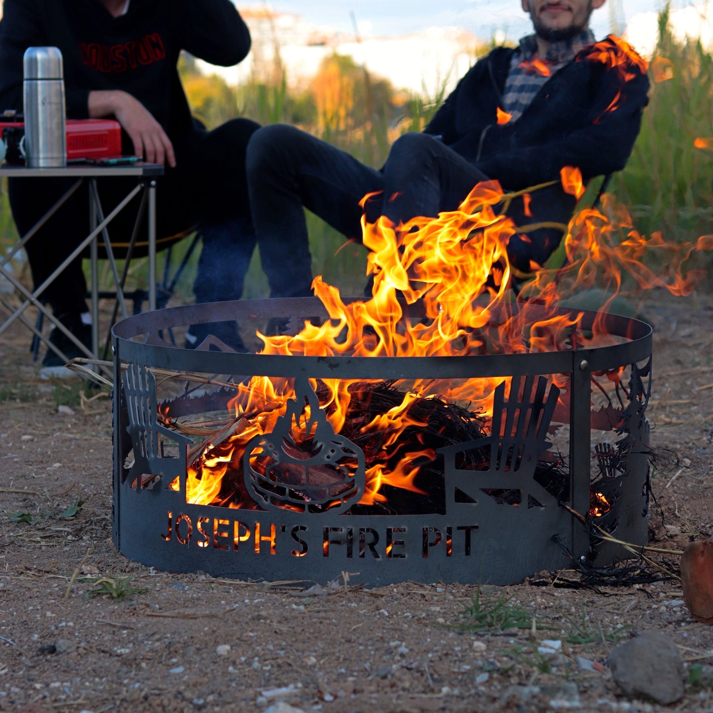 Adirondack Chair Fire Ring, Campfire Fire Ring, Camping Gift Fire Pit, Gift for Him, Mountain Scene Fire Ring, Metal Outdoor Decor, Man Gift