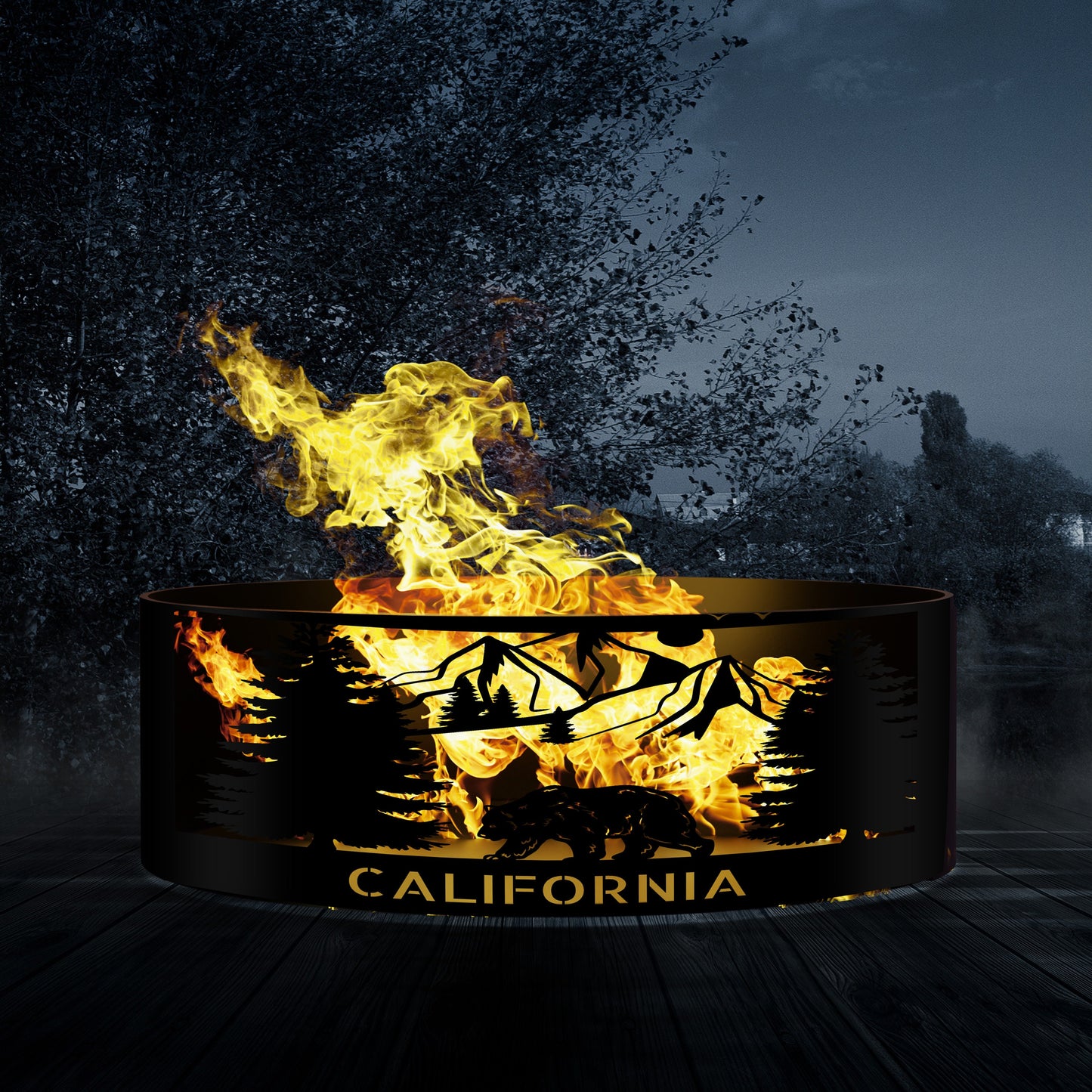 Custom Fire Pit, Metal Fire Ring, Unique Outdoor Gift for Him & Her, Mountain Bear Tree Fire Pit with Custom Name , Personalized Patio Decor