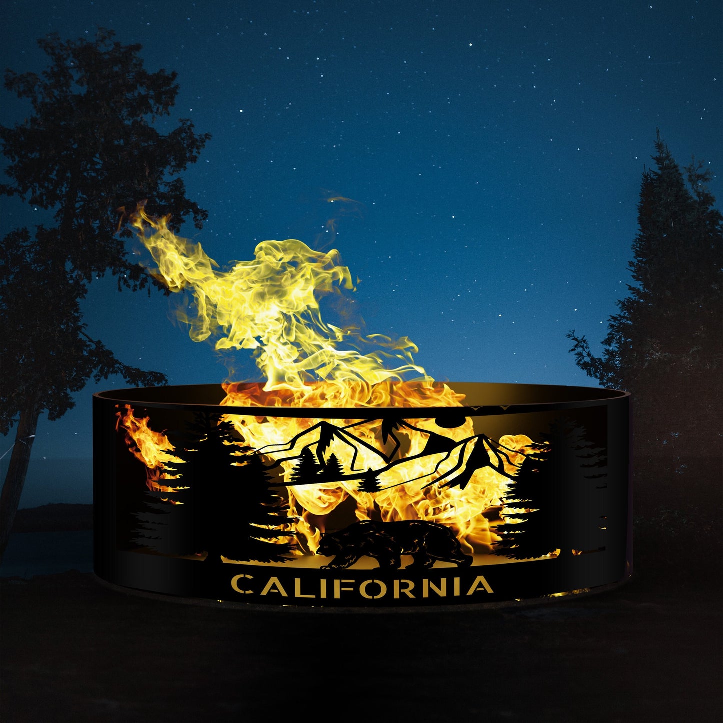 Custom Fire Pit, Metal Fire Ring, Unique Outdoor Gift for Him & Her, Mountain Bear Tree Fire Pit with Custom Name , Personalized Patio Decor