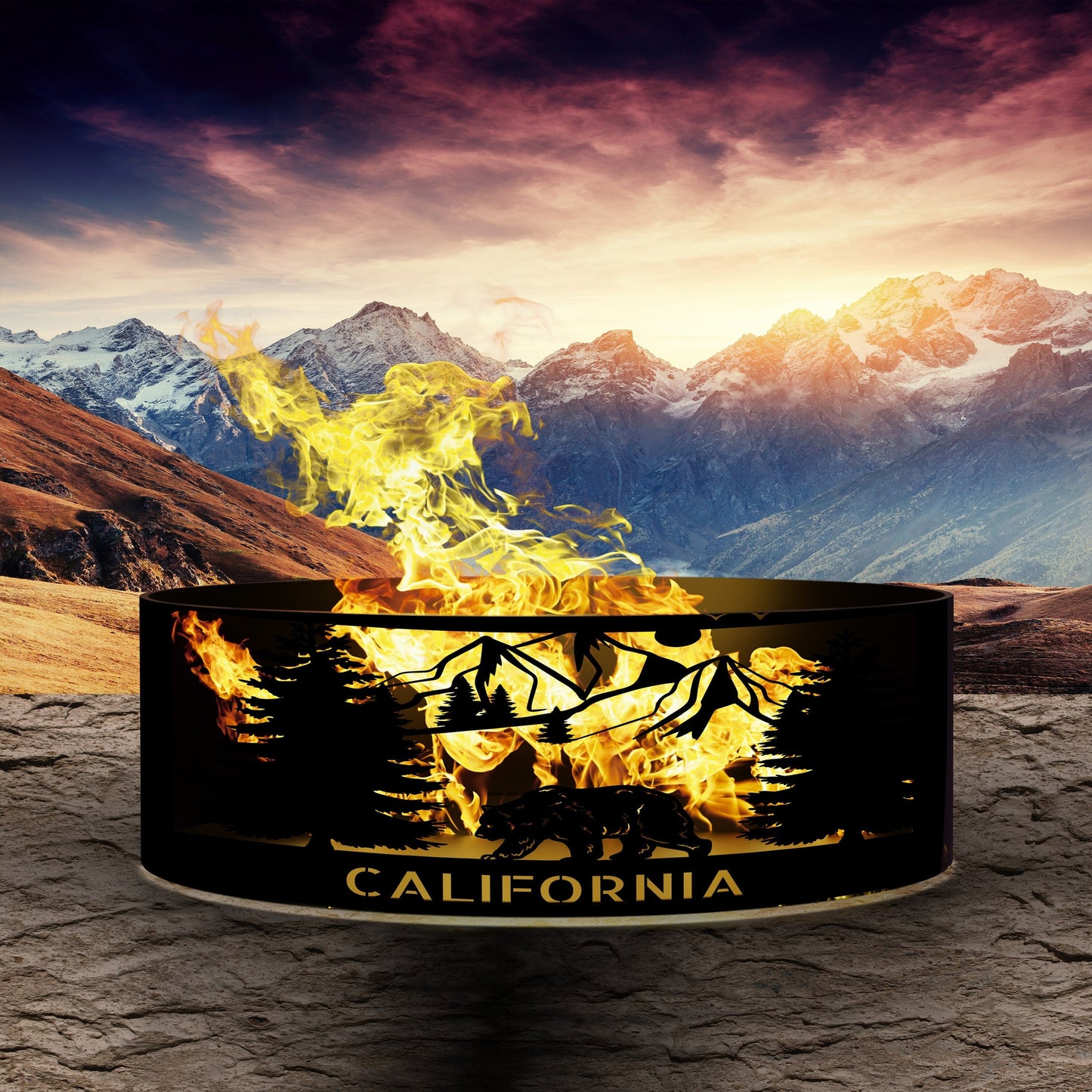 Custom Fire Pit, Metal Fire Ring, Unique Outdoor Gift for Him & Her, Mountain Bear Tree Fire Pit with Custom Name , Personalized Patio Decor