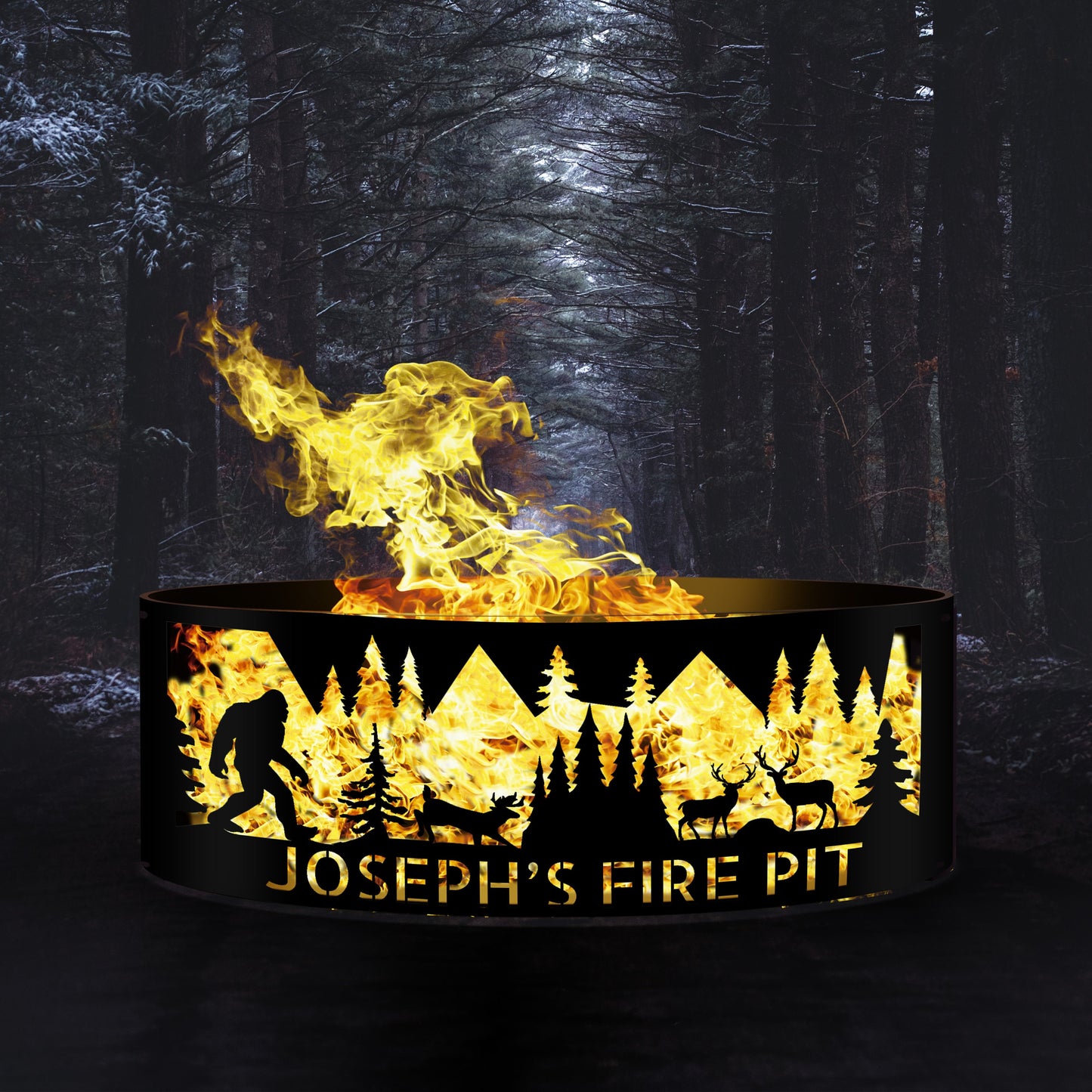Custom Bigfoot Fire Pit | Sasquatch Fan Gift | Yeti Silhouette Fire Ring with Forest and Deer Design | Unique Metal Fire Pit Gift