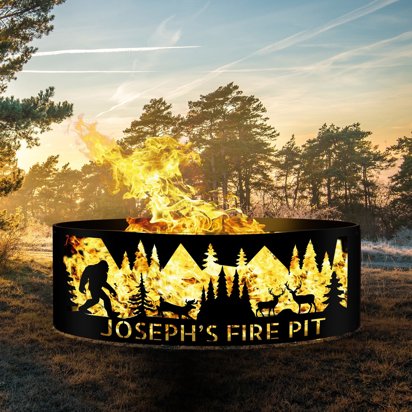 Custom Bigfoot Fire Pit | Sasquatch Fan Gift | Yeti Silhouette Fire Ring with Forest and Deer Design | Unique Metal Fire Pit Gift