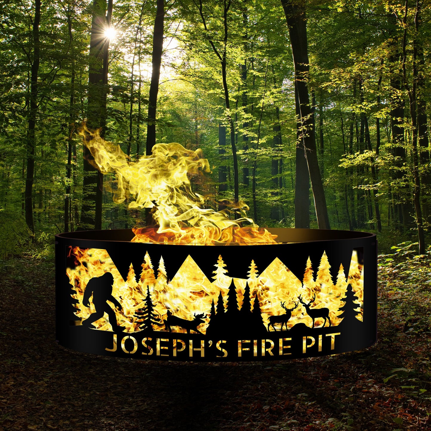 Custom Bigfoot Fire Pit | Sasquatch Fan Gift | Yeti Silhouette Fire Ring with Forest and Deer Design | Unique Metal Fire Pit Gift