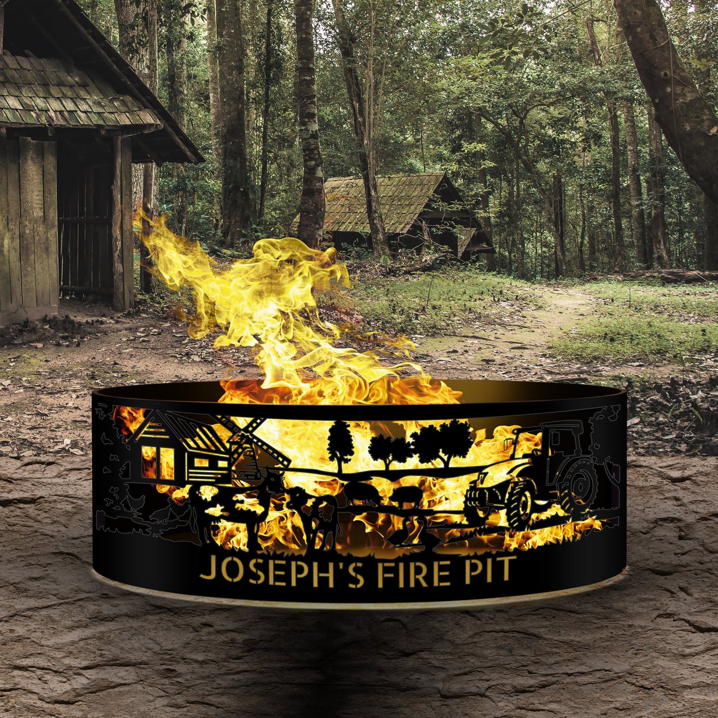 Farmer Gift Fire Pit Ring, Farmhouse Gift , Wood Burning Fire Pit Ring, Outdoor Heavy Duty Fire Pit,  Farm Animals Design Fire Pit Ring Gift
