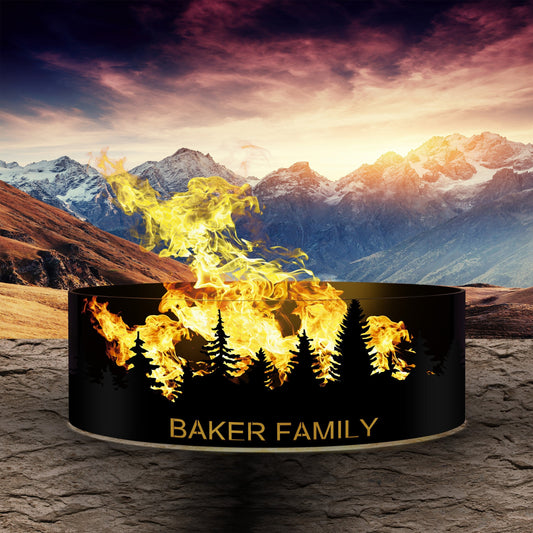 48" Custom Pine Tree Scene Steel Fire Pit, Personalized Fire Ring for Outdoor Wood Burning, Heavy-Duty Pit, Gift for Christmas, 48 Inches