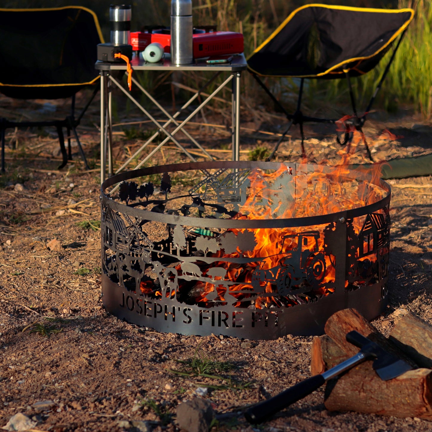 Farmer Gift Fire Pit Ring, Farmhouse Gift , Wood Burning Fire Pit Ring, Outdoor Heavy Duty Fire Pit,  Farm Animals Design Fire Pit Ring Gift