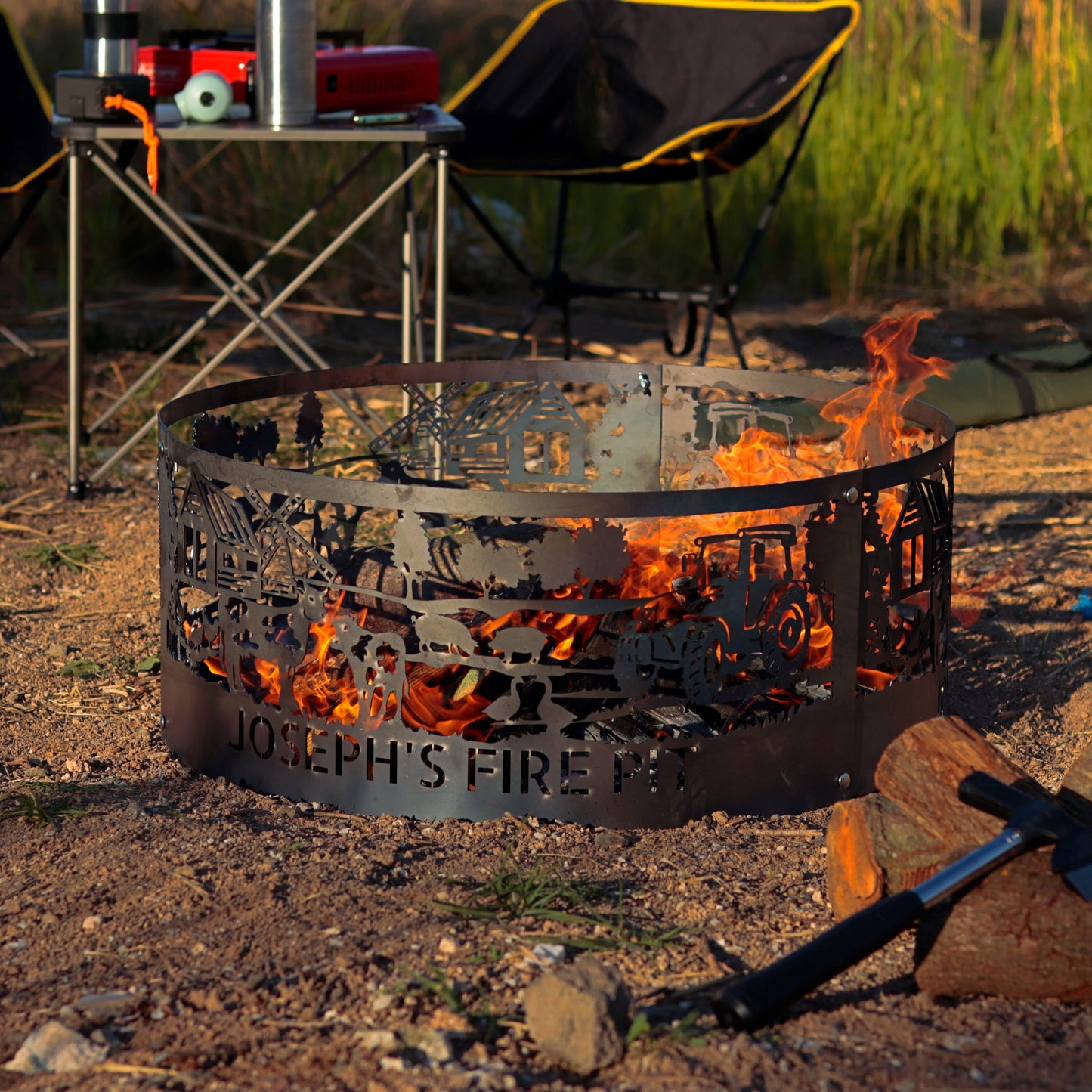 Farmer Gift Fire Pit Ring, Farmhouse Gift , Wood Burning Fire Pit Ring, Outdoor Heavy Duty Fire Pit,  Farm Animals Design Fire Pit Ring Gift