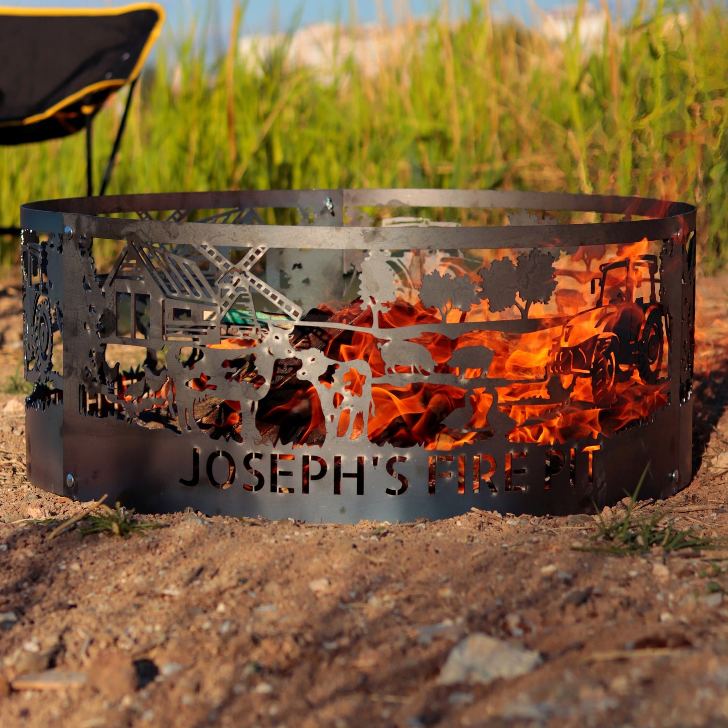 Outdoor Fire Pit Ring, Gift for Father's Day, Custom Fire Pit, Farm Scene Fire Ring, Special Design on Heavy Metal, Unique Gift for Him