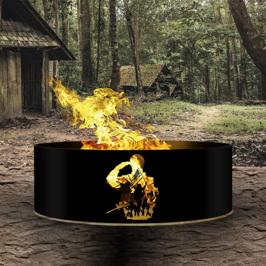 Patriotic Fire Pit, Veteran Gift, Wood Burning Fire Pit Ring, American Soldier Metal Yard Art, Military Retirement Fire Ring, Gift for Men