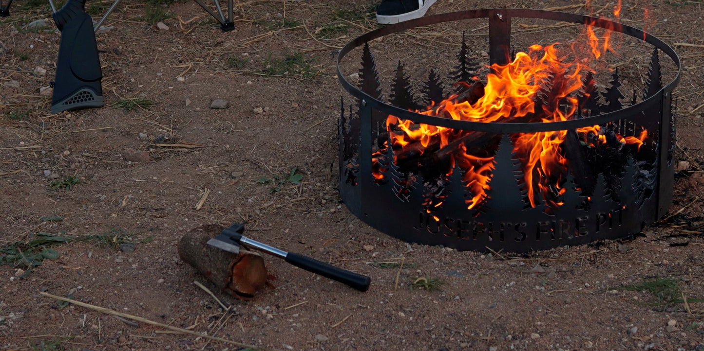 48" Custom Pine Tree Scene Steel Fire Pit, Personalized Fire Ring for Outdoor Wood Burning, Heavy-Duty Pit, Gift for Christmas, 48 Inches
