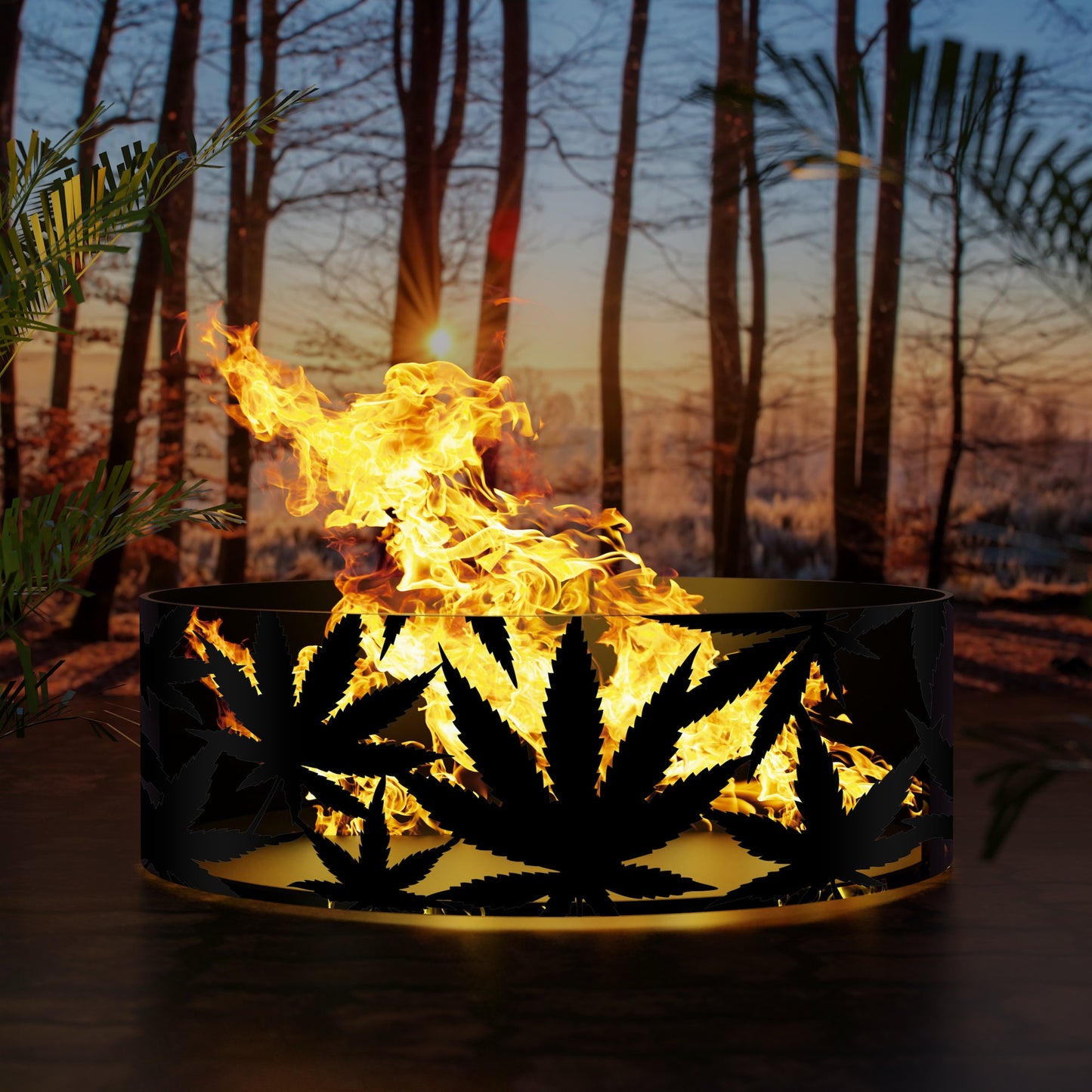 Personalized Heavy Duty Fire Pit Ring - Cannabis Leaves - Garden Fireplace - Wildlife Lover Gift - Gift for Him