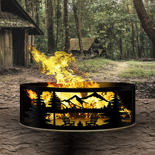 Camping Silhouette Fire Pit, Metal Yard Art, Chair Fire Pit, Gift for Dad, Nature Themed Fire Ring, Wood Burning Fire Ring, Metal Campfire