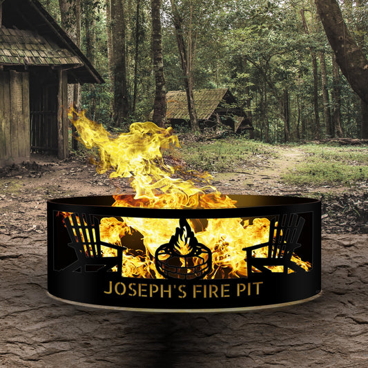 Campfire Fire Pit Rings, Camping Gift for Him, Adirondack Chair Pit, Nature Scene Fire Ring, Personalized Fire Ring Design, Mountain Scene