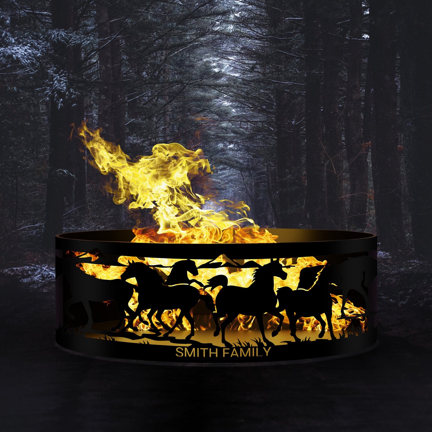 Personalized Horse Fire Pit Ring, Custom Metal Outdoor Fire Pit with Family Name, Rustic Farmhouse Campfire Ring, Western Gift