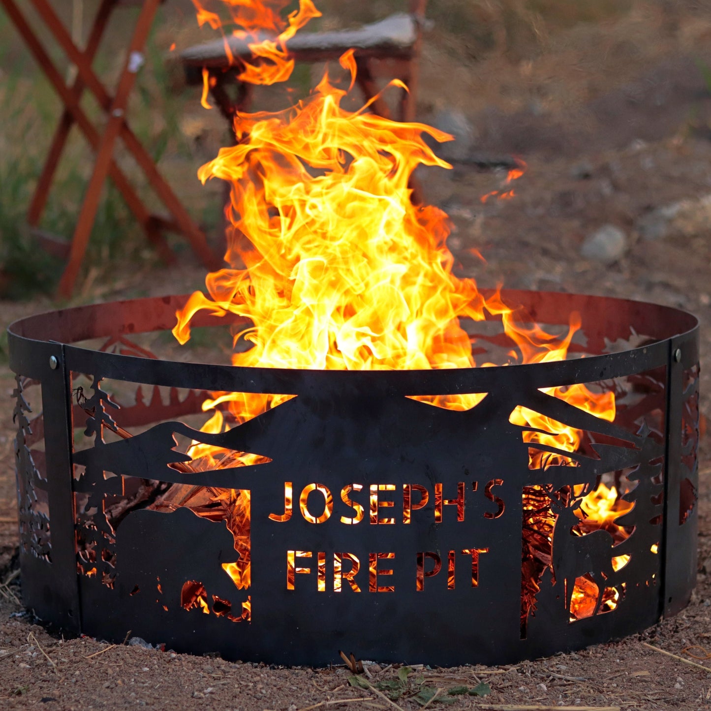Personalized Heavy Duty Josephs Fire Pit, Deer and Bear Pattern with Custom Name, High-Quality Fire Pit Rings, Metal Gift for Him & Family