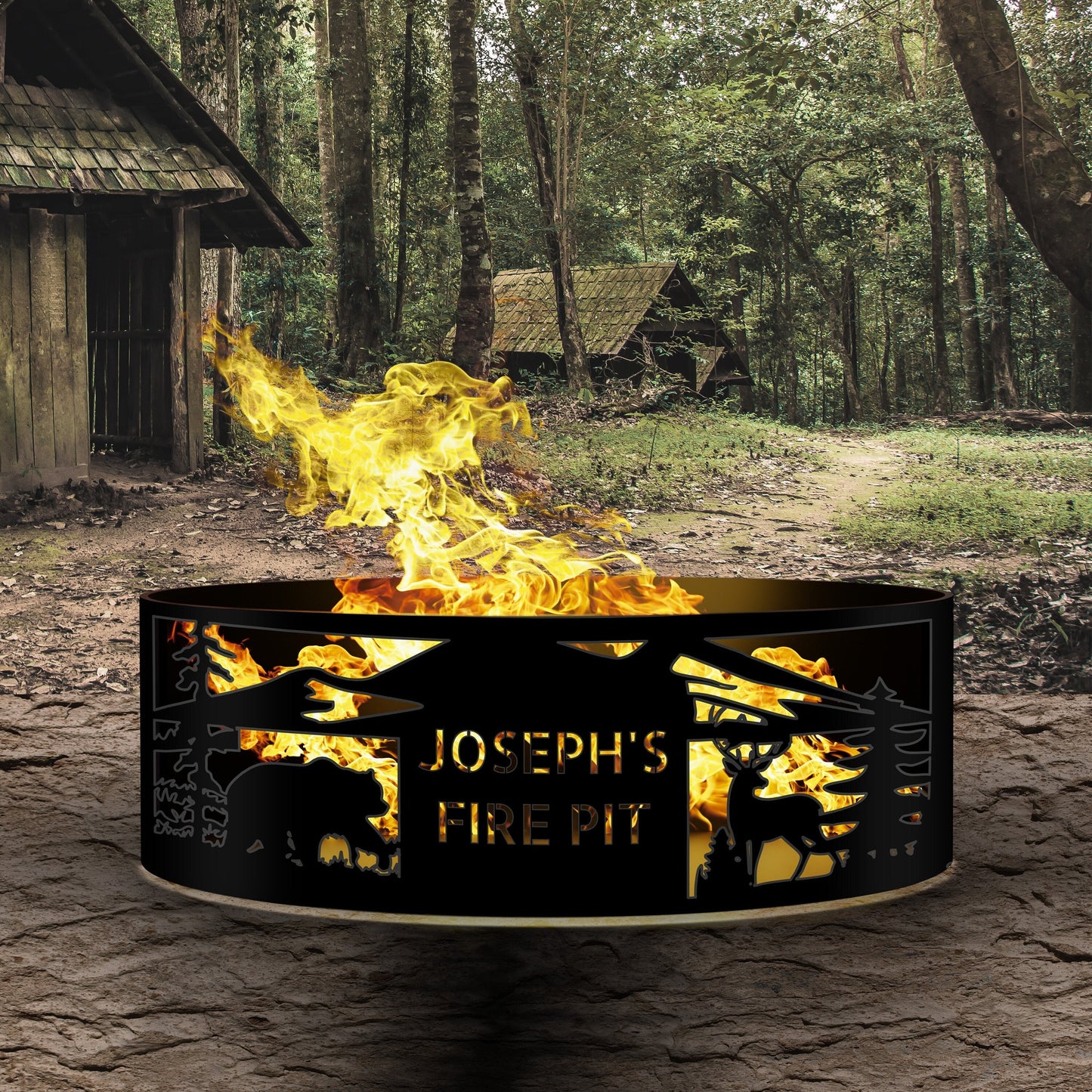 Fire Pit with Deers and Bears Pattern, Wildlife Scene Fire Ring Pit, Metal Gift for Nature Lovers, Custom Fire Pit, Wood Burning Gear