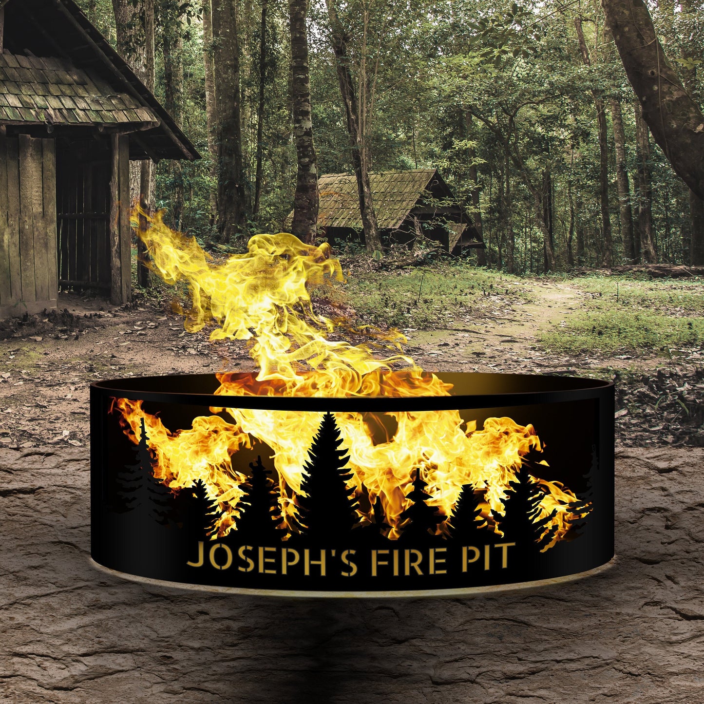 Personalized  Raw Metal Fire Pit Ring Laser Cut , Nature Scene Pine Tree Design Fire Pit, Custom Gift Metal Fire Pit, Wood Burning Fire Ring