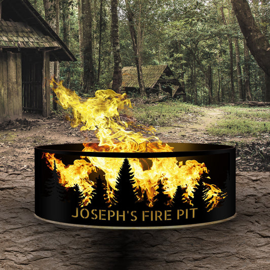Personalized  Raw Metal Fire Pit Ring Laser Cut , Nature Scene Pine Tree Design Fire Pit, Custom Gift Metal Fire Pit, Wood Burning Fire Ring