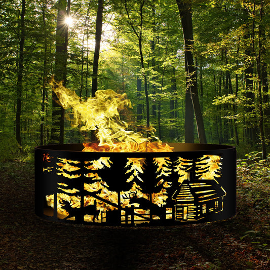 Unique Gift Idea Fire Ring, Custom Fire Pit, Mountain and Forest Theme Deers and Cottage, Personalized Outdoor Decor, Gift for Him,Family