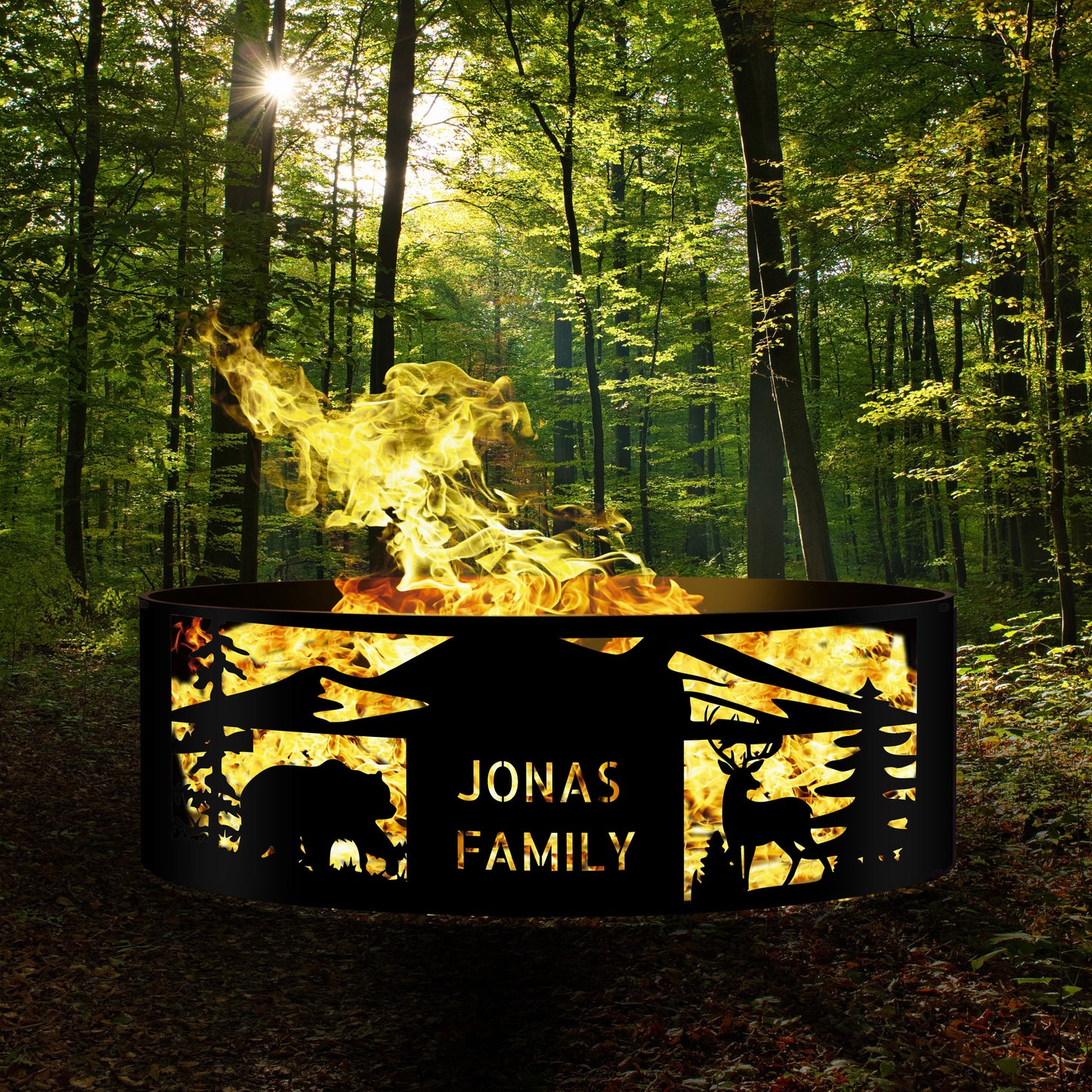 Personalized Heavy Duty Josephs Fire Pit, Deer and Bear Pattern with Custom Name, High-Quality Fire Pit Rings, Metal Gift for Him & Family