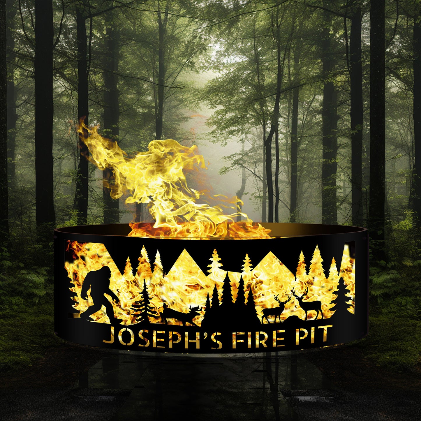 Custom Bigfoot Fire Pit | Sasquatch Fan Gift | Yeti Silhouette Fire Ring with Forest and Deer Design | Unique Metal Fire Pit Gift