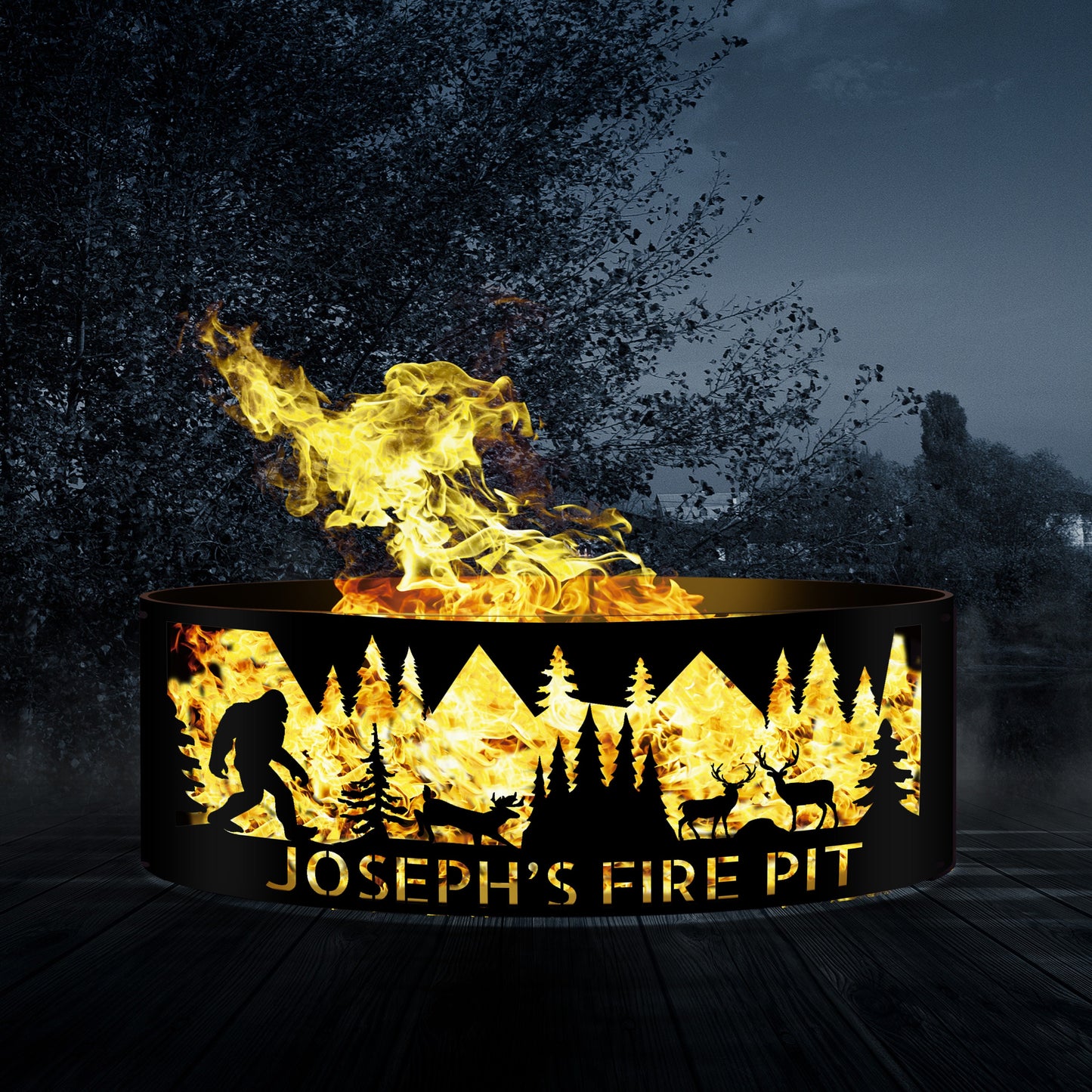 Bigfoot Forest Fire Pit, Custom Firepit, Custom Gift for Him, Heavy Duty Fire Pit Ring, Deer and Sasquatch Design, Christmas Cabin Gift