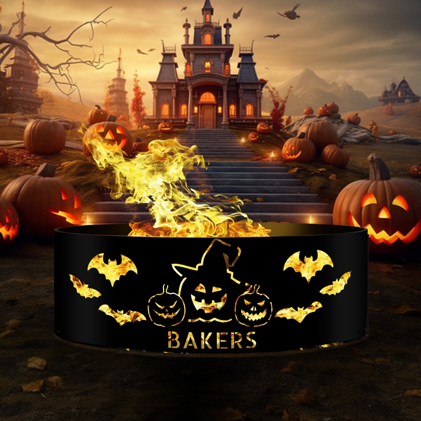Halloween Pumpkin Fire Pit | Personalized Metal Fire Ring | Unique Outdoor Halloween Decor | Custom Bat Fire Ring