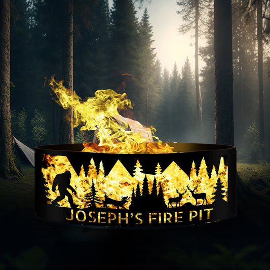 Custom Bigfoot Fire Pit | Sasquatch Fan Gift | Yeti Silhouette Fire Ring with Forest and Deer Design | Unique Metal Fire Pit Gift