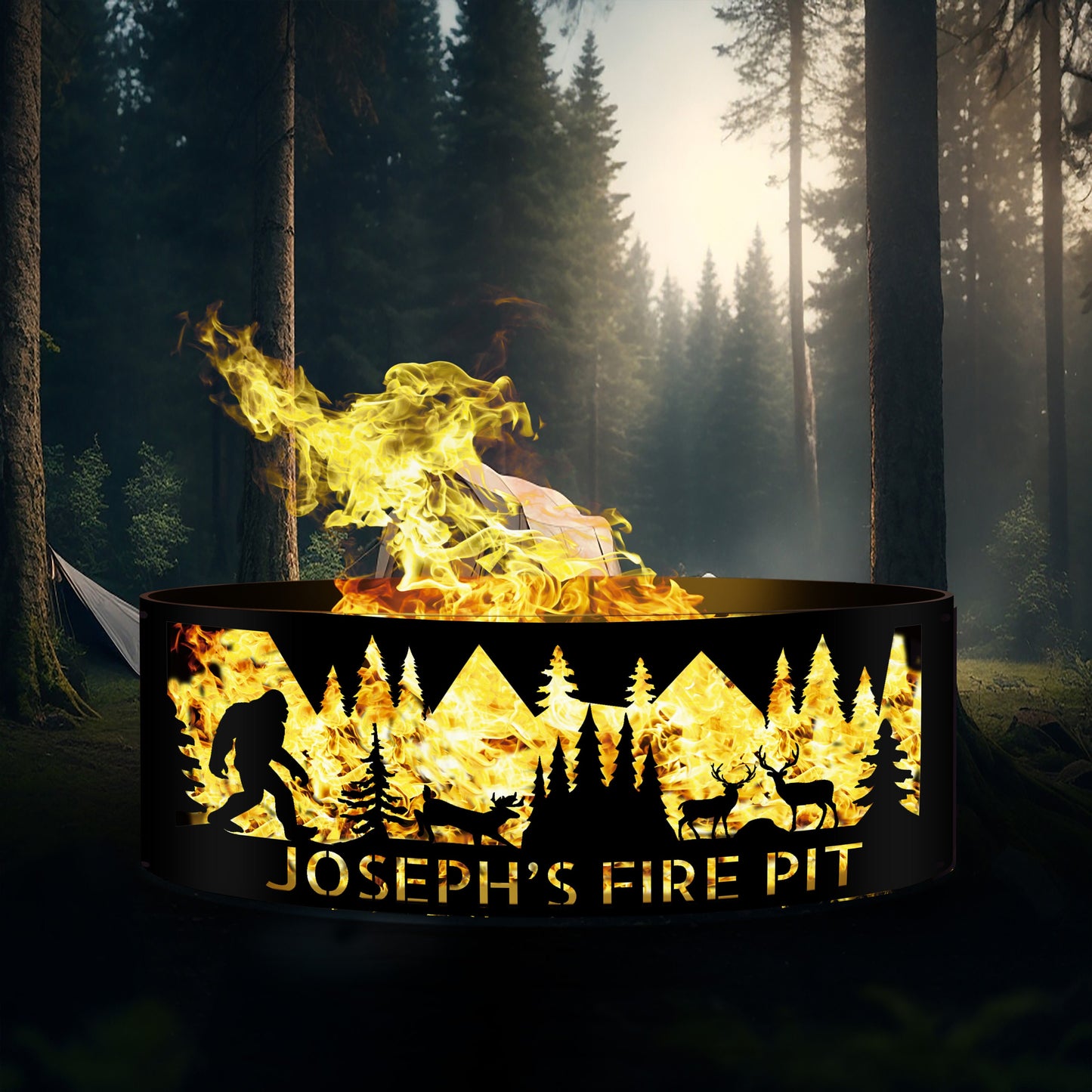 Bigfoot Forest Fire Pit, Custom Firepit, Custom Gift for Him, Heavy Duty Fire Pit Ring, Deer and Sasquatch Design, Christmas Cabin Gift