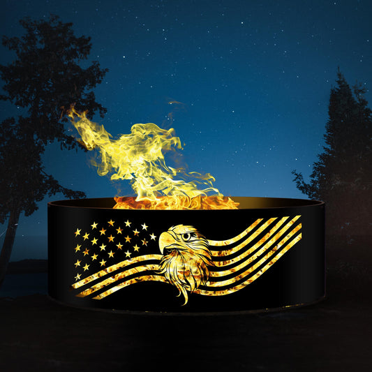 Personalized American Flag and Eagle Fire Pit | Custom Fire Ring | Veterans Day Gift | Metal Father's Day Gift | Patriotic Yard Decor