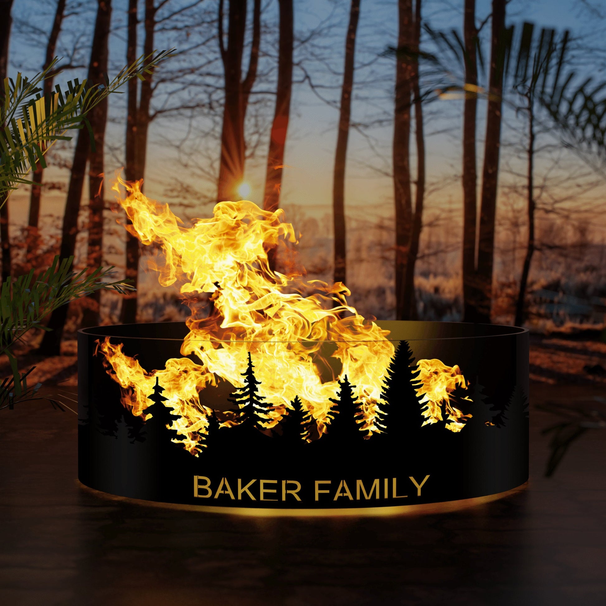 Custom Fire Pit Ring with Name, Forest Tree Design Metal Fire Pit for Patio, Outdoor Camping, Personalized Backyard Fire Bowl