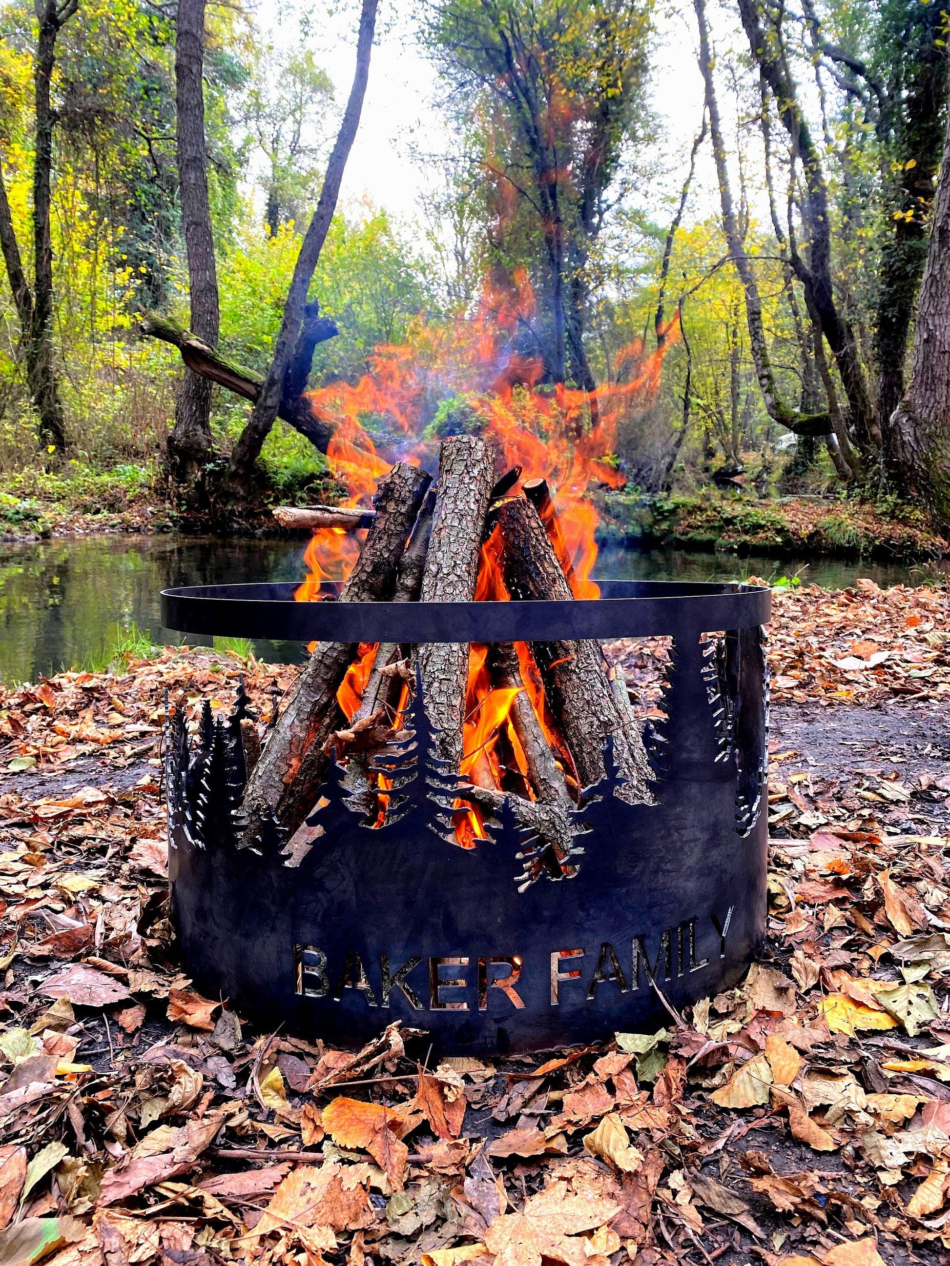 16 Inch Tall Forest Tree Personalized Fire Pit Ring, Custom Metal Outdoor Fire Pit Bowl, Family Name Patio Fire Pit, Cabin & Christmas Gift