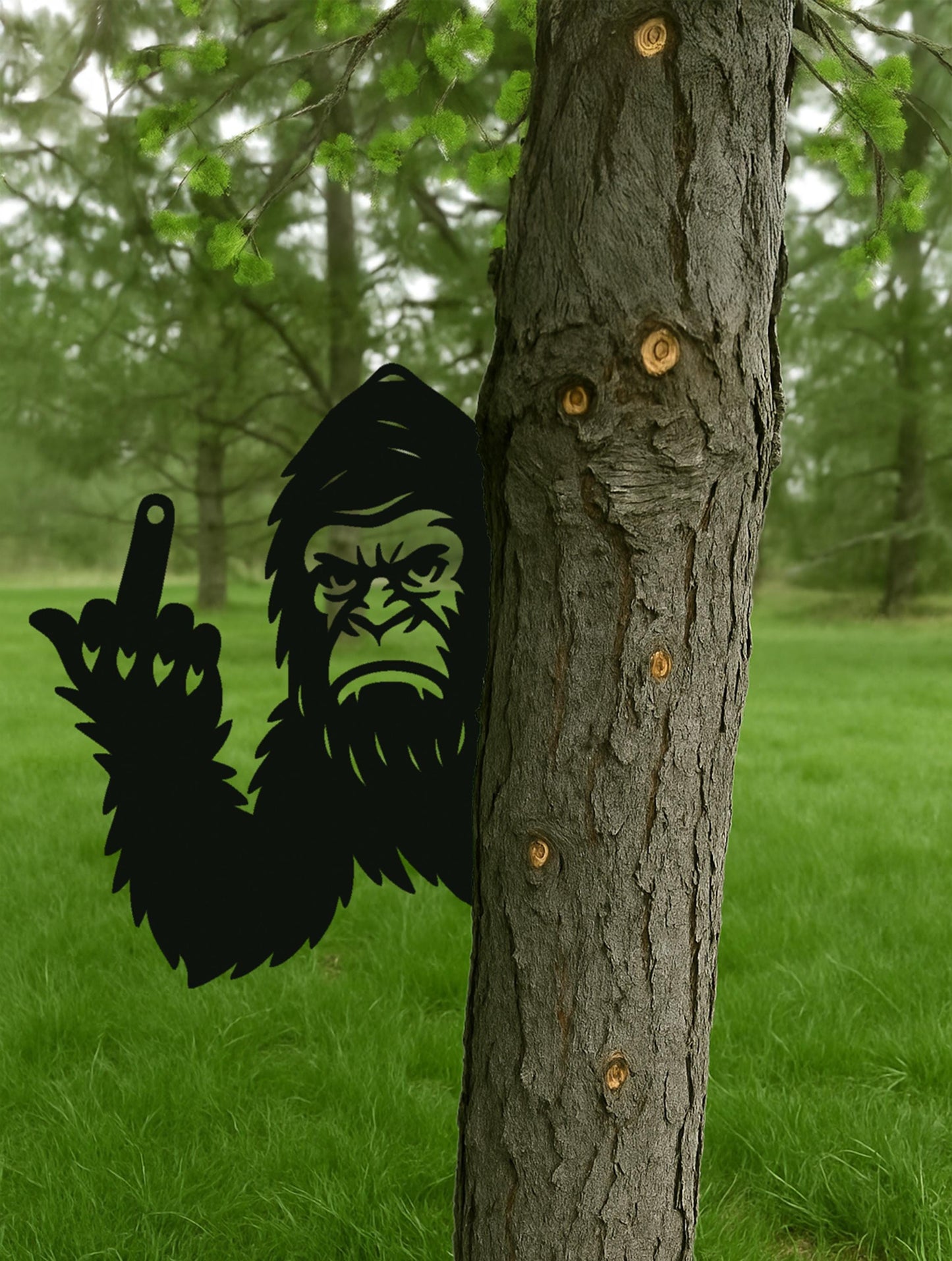 Halloween Peek-a-Boo Bigfoot Metal Sign, Funny Sasquatch Tree Art, Raw Steel Yard Decor, Spooky Forest Halloween Prop