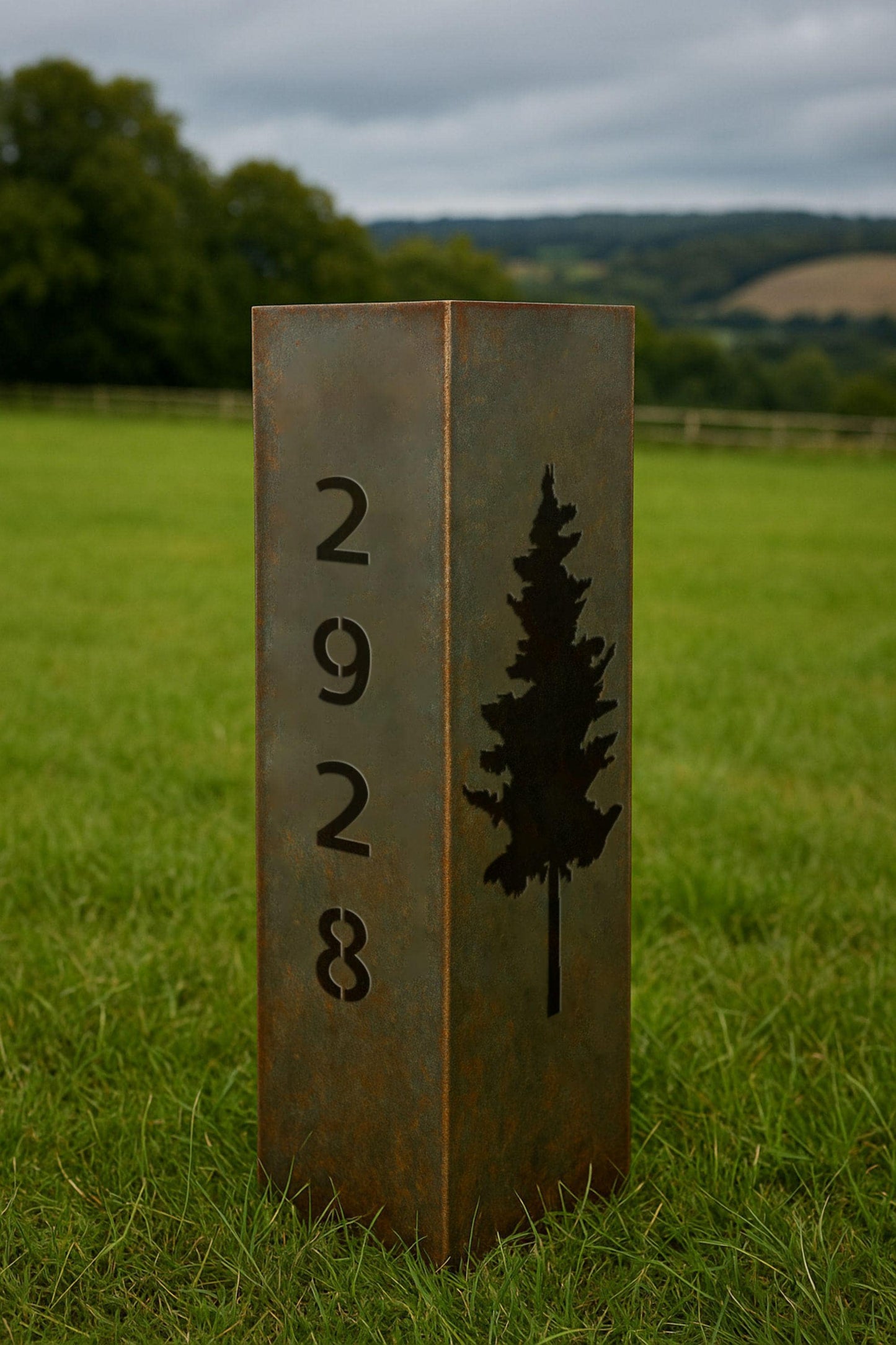 Personalized Raw Steel Garden Column, Pine Tree Address Sign, Rustic Outdoor Decor