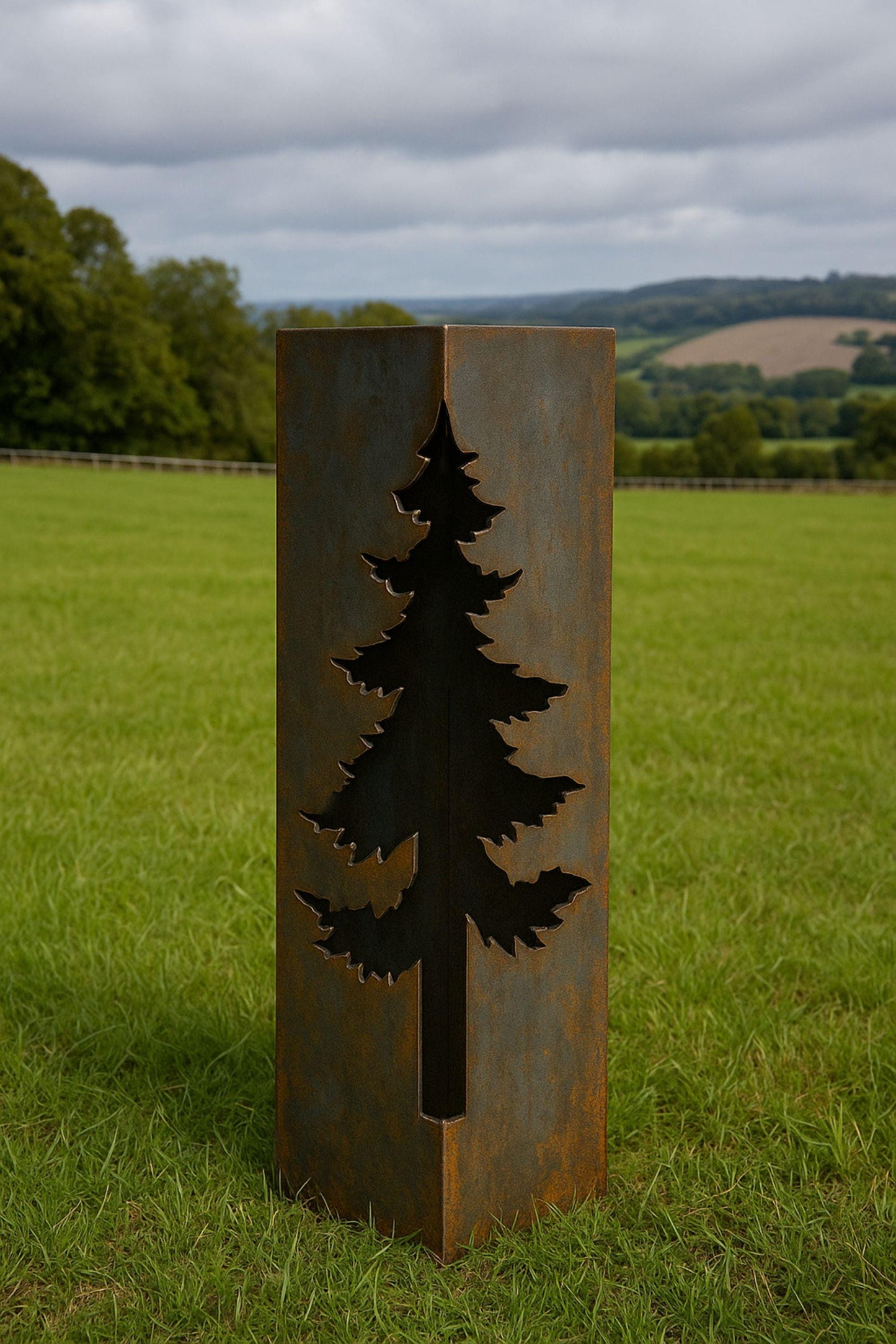 Custom Pine Tree Metal Garden Column with House Number, Collapsible Raw Steel Yard Post, Personalized Outdoor Lawn Art, Rustic House Decor