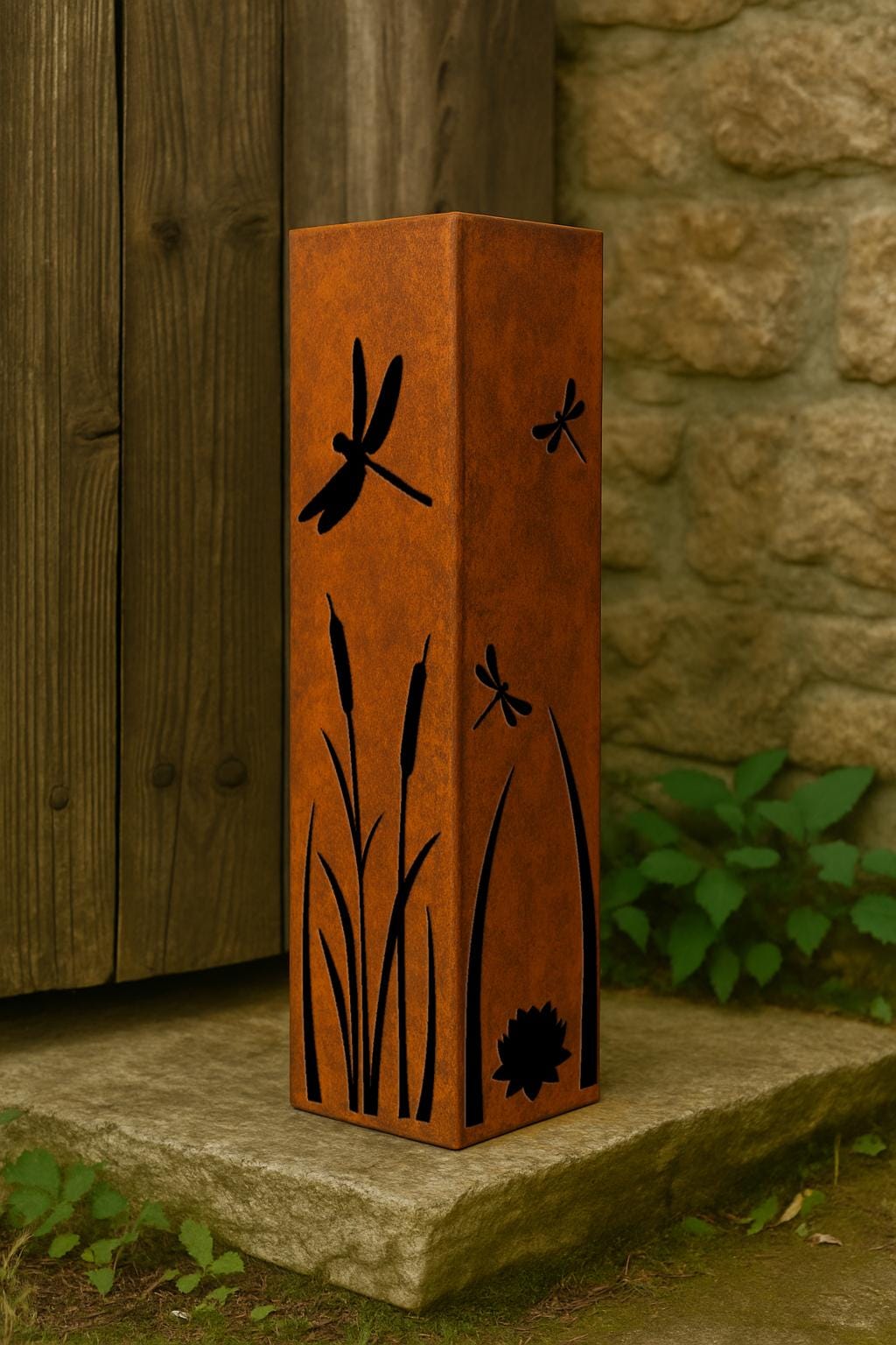 Personalized Garden Column, Metal House Number Pillar, Bamboo & Dragonfly Design, Address Post, Outdoor Yard Art Decor