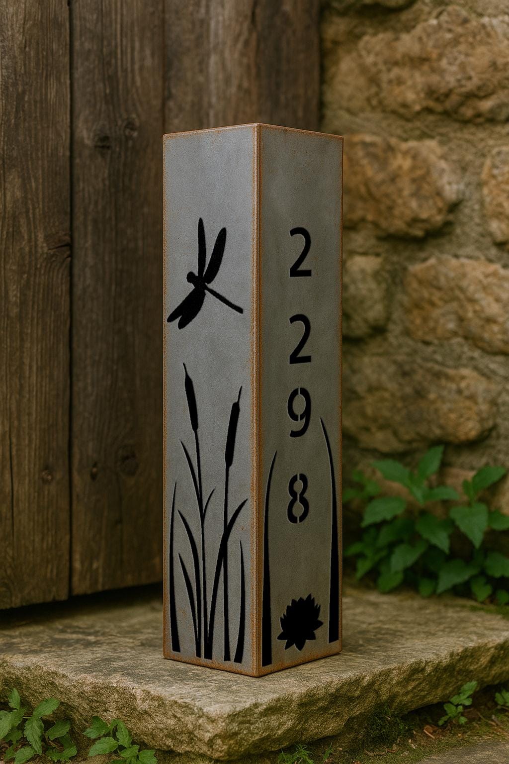 Personalized Garden Column, Metal House Number Post with Bamboo and Dragonfly Design, Rustic Yard Address Sign, Outdoor Garden Decor