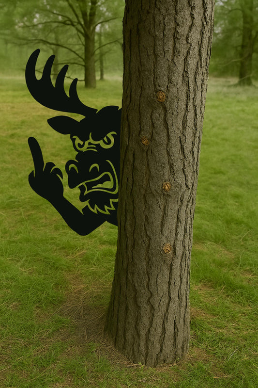 Funny Peek-a-Boo Moose Metal Sign, AngryMoose Yard Art, 14 Gauge Steel Tree Decor, Cheeky Deer Garden Gift, Outdoor Prank Cut