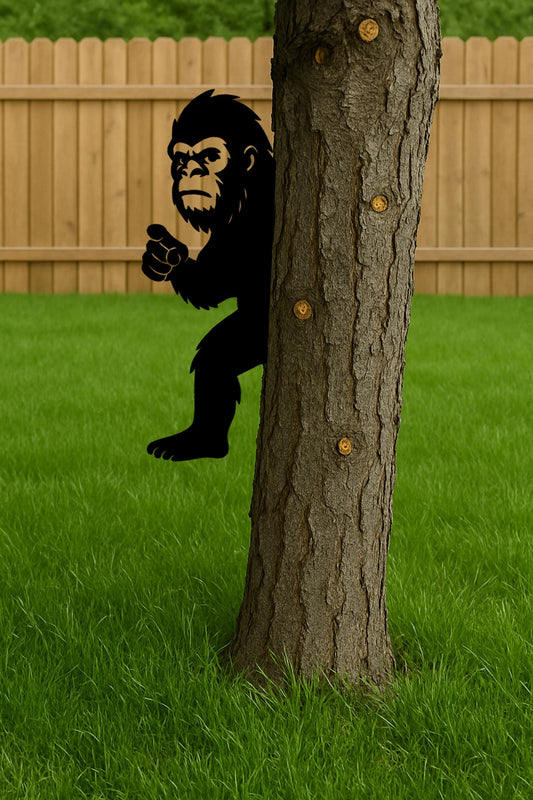 Funny Bigfoot Metal Sign, Pointing Sasquatch Yard Art for Tree, Halloween Peek-a-Boo Outdoor Decor, Durable 14 Gauge Steel Fo