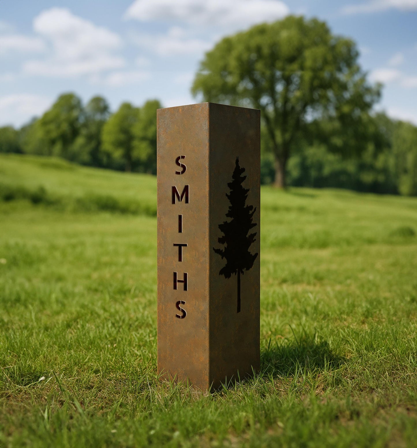Personalized Raw Steel Garden Column, Pine Tree Address Sign, Rustic Outdoor Decor