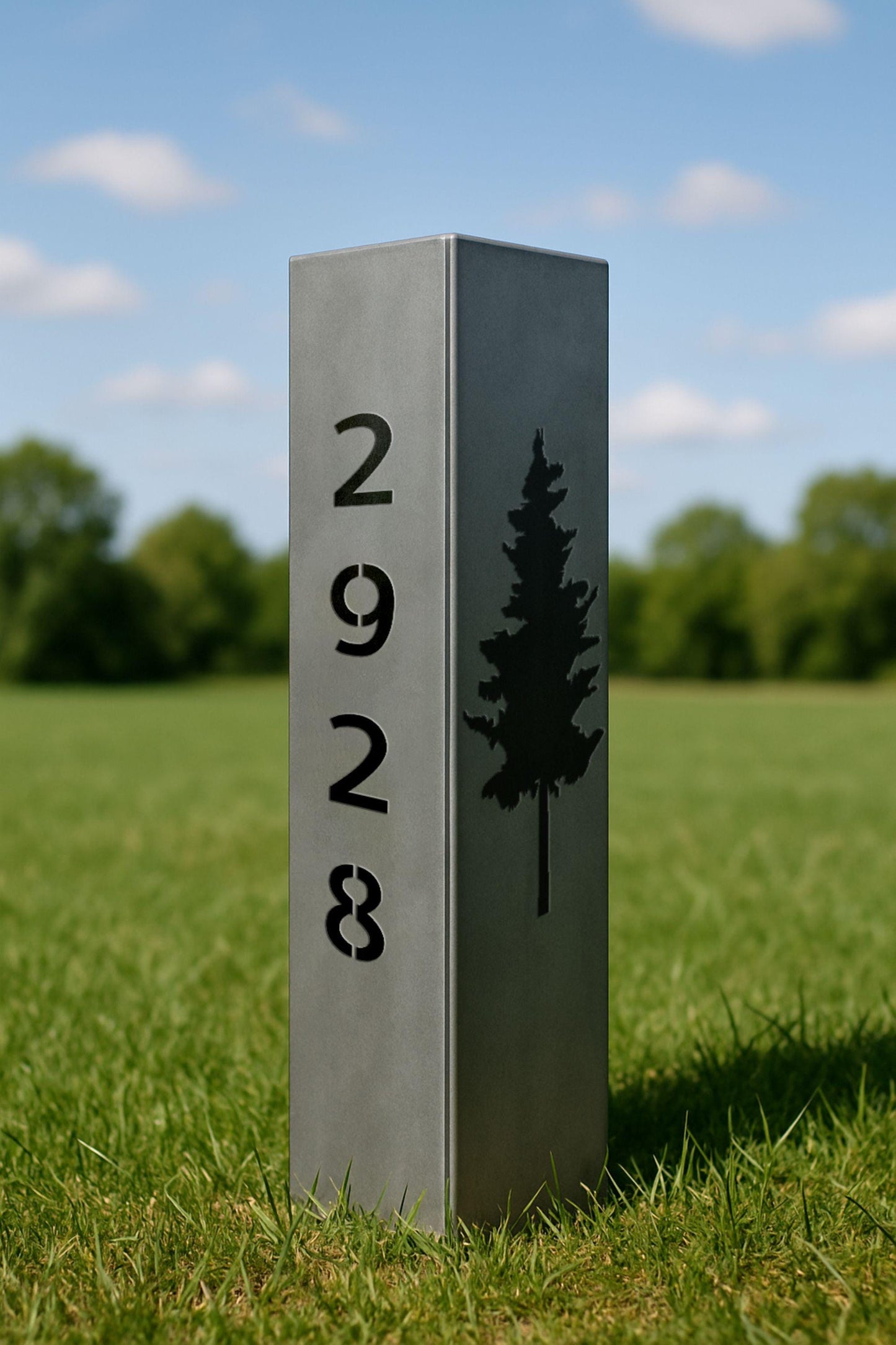 Personalized Raw Steel Garden Column, Pine Tree Address Sign, Rustic Outdoor Decor