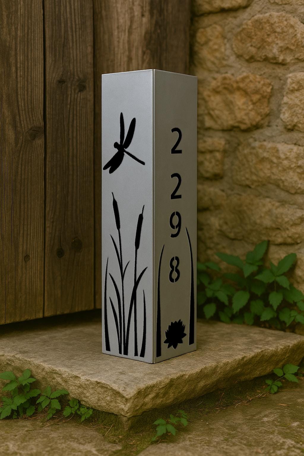 Personalized Garden Column, Metal House Number Pillar, Bamboo & Dragonfly Design, Address Post, Outdoor Yard Art Decor