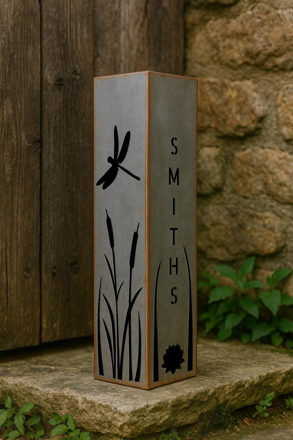 Personalized Garden Column, Metal House Number Post with Bamboo and Dragonfly Design, Rustic Yard Address Sign, Outdoor Garden Decor