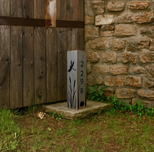 Personalized Garden Column, Metal House Number Pillar, Bamboo & Dragonfly Design, Address Post, Outdoor Yard Art Decor