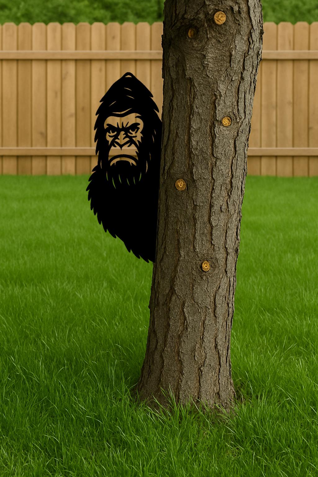 Halloween Peek-a-Boo Bigfoot Metal Sign, Funny Sasquatch Tree Art, Raw Steel Yard Decor, Spooky Forest Halloween Prop