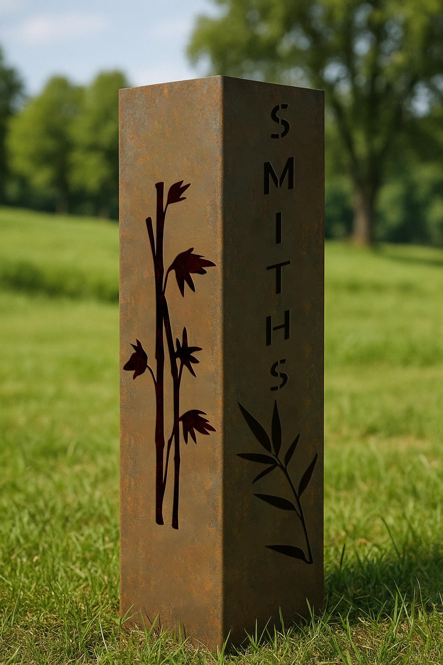 Personalized Garden Column, Metal House Number Pillar, Bamboo Design, Address Post, Outdoor Yard Art