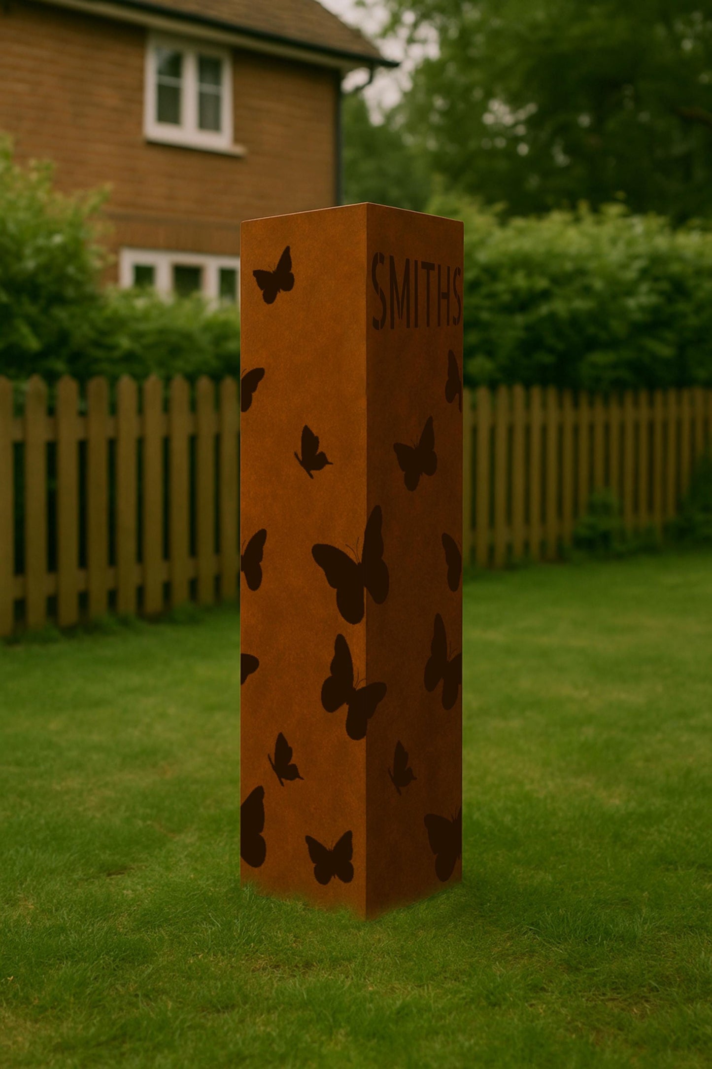 Personalized Garden Column with Butterflies, Metal House Number Yard Post, Rustic Address Pillar, Outdoor Lawn Decor, Raw Steel Art